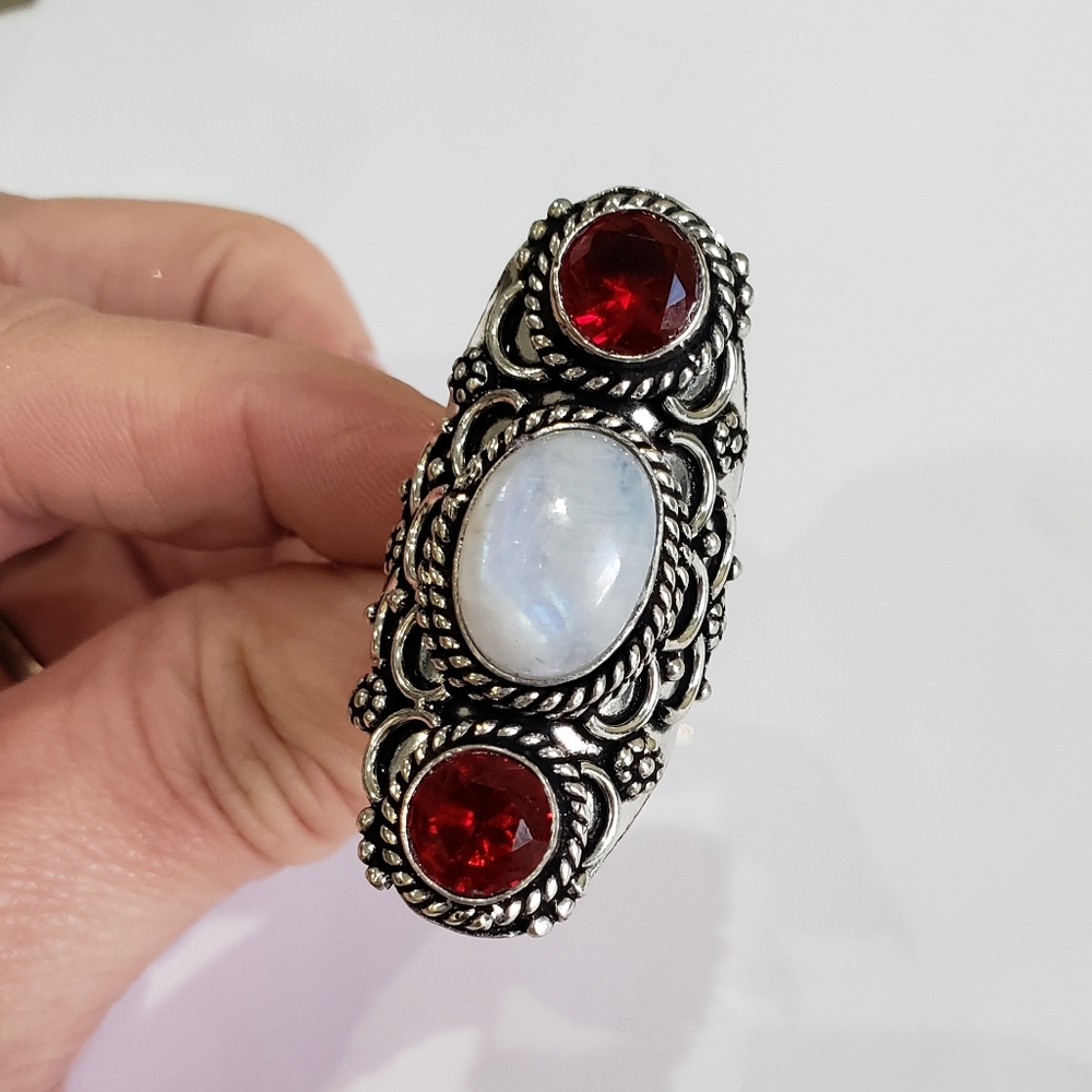 Rainbow Moonstone, Garnet Gemstone, 925 Silver Ri… - image 2